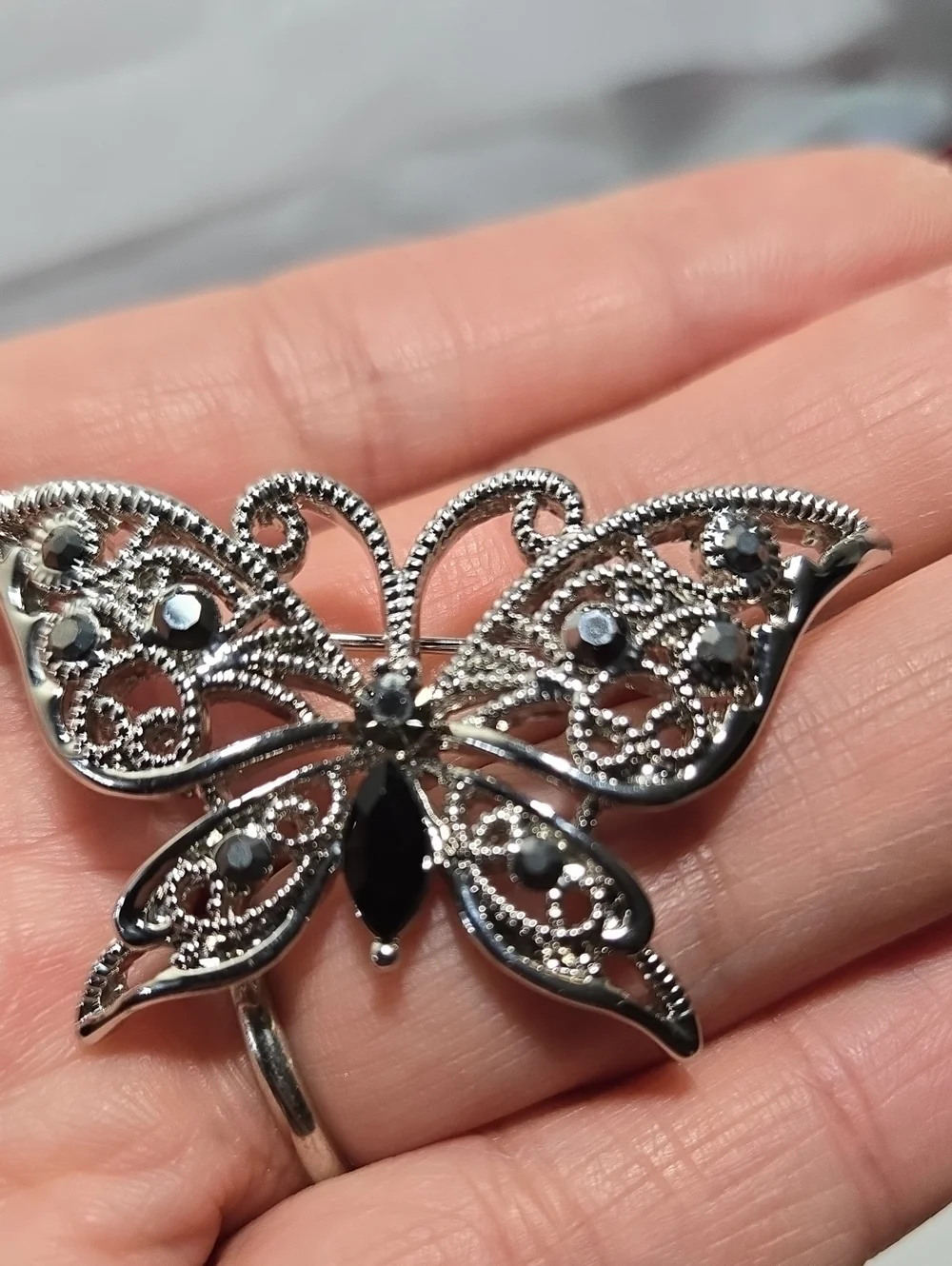 Vintage Silver Tone Butterfly Brooch with Black Stones